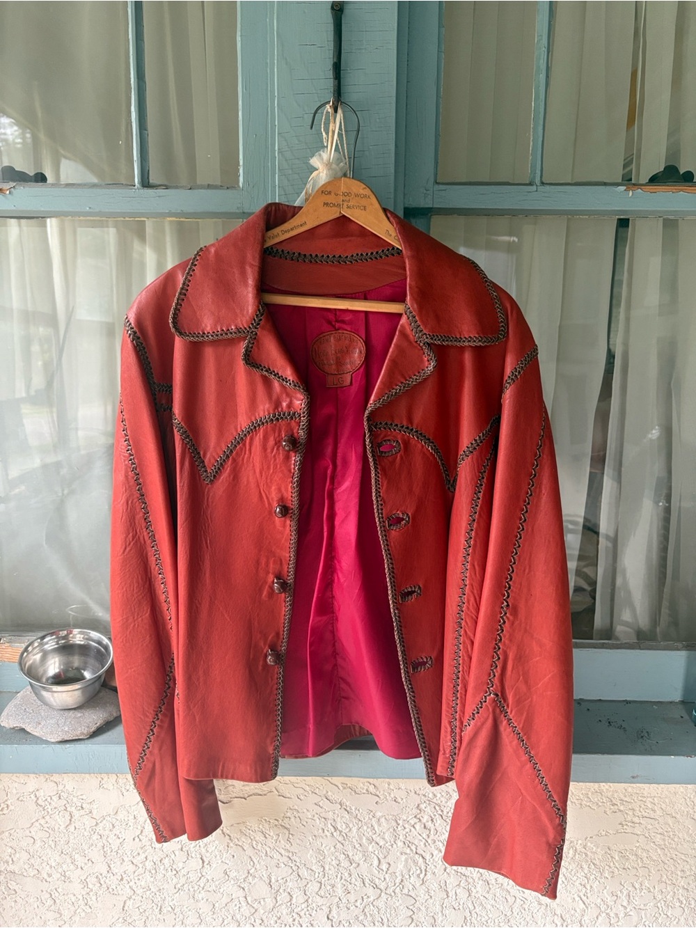 North Beach Leather Red Leather Button-Front Jacket with Contrast Trim